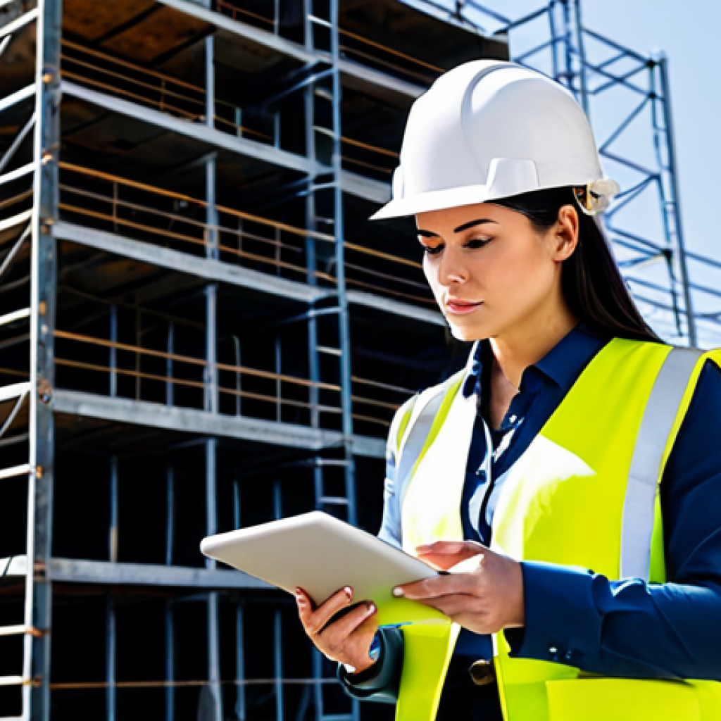 **

"A professional female architect, fully clothed in a stylish and modest business casual outfit, is reviewing blueprints on a construction site. Hard hat on, holding a tablet, serious expression, surrounded by scaffolding and construction workers. Bright daylight, clear skies, safe for work, appropriate content, perfect anatomy, natural proportions, professional photography, high quality, modern architectural style."

**