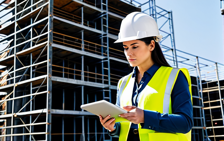 **
"A professional female architect, fully clothed in a stylish and modest business casual outfit, is reviewing blueprints on a construction site. Hard hat on, holding a tablet, serious expression, surrounded by scaffolding and construction workers. Bright daylight, clear skies, safe for work, appropriate content, perfect anatomy, natural proportions, professional photography, high quality, modern architectural style."
**