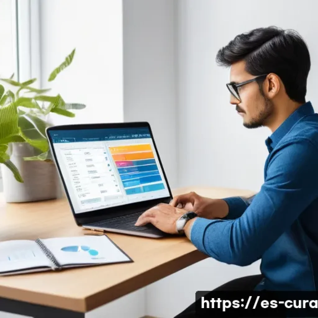 디지털 정보 큐레이션의 필수 요소 - A professional digital workspace showing a Hispanic content curator organizing information on a slee...