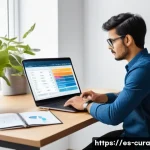 Home 22 디지털 정보 큐레이션의 필수 요소 - A professional digital workspace showing a Hispanic content curator organizing information on a slee...