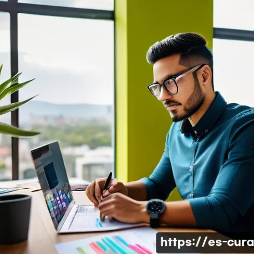 Home 33 정보 큐레이션을 위한 콘텐츠 전략 - A modern digital marketing workspace scene showing a Hispanic entrepreneur in casual smart attire, s...