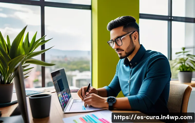 정보 큐레이션을 위한 콘텐츠 전략 - A modern digital marketing workspace scene showing a Hispanic entrepreneur in casual smart attire, s...