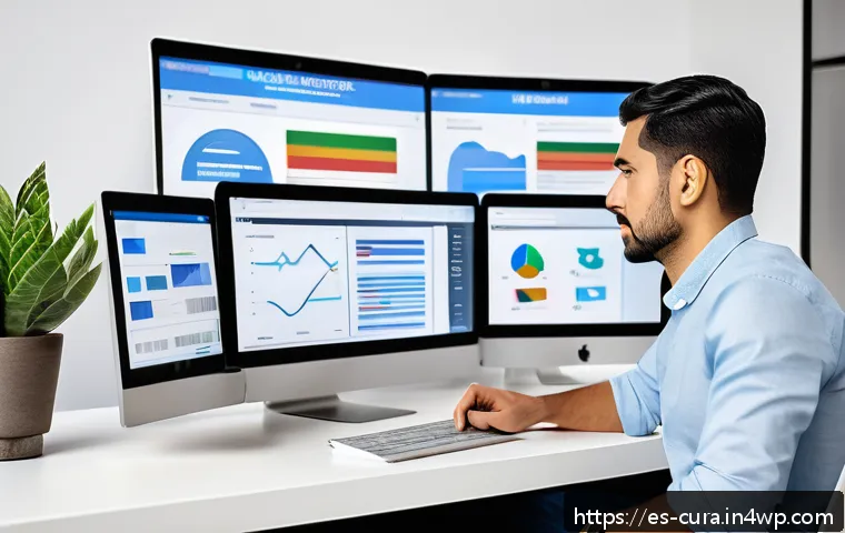 디지털 정보 큐레이션을 위한 콘텐츠 개발 전략 - A modern digital workspace scene showcasing a professional Hispanic content curator at a sleek desk ...
