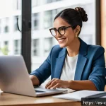 Home 19 정보 큐레이션을 통한 개인 브랜드 구축 - A professional Hispanic woman in her 30s sitting at a modern home office desk with a laptop and smar...