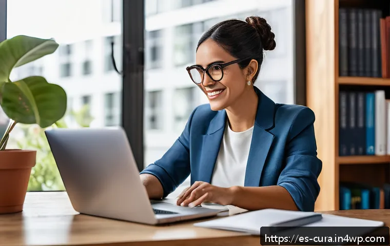 정보 큐레이션을 통한 개인 브랜드 구축 - A professional Hispanic woman in her 30s sitting at a modern home office desk with a laptop and smar...