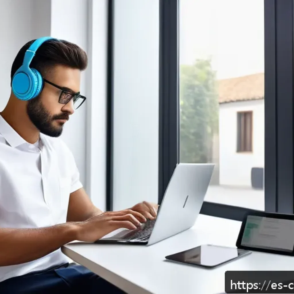 효과적인 정보 큐레이션 도구 비교 - A modern home office scene featuring a young professional using multiple digital devices simultaneou...