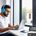 Home 18 효과적인 정보 큐레이션 도구 비교 - A modern home office scene featuring a young professional using multiple digital devices simultaneou...