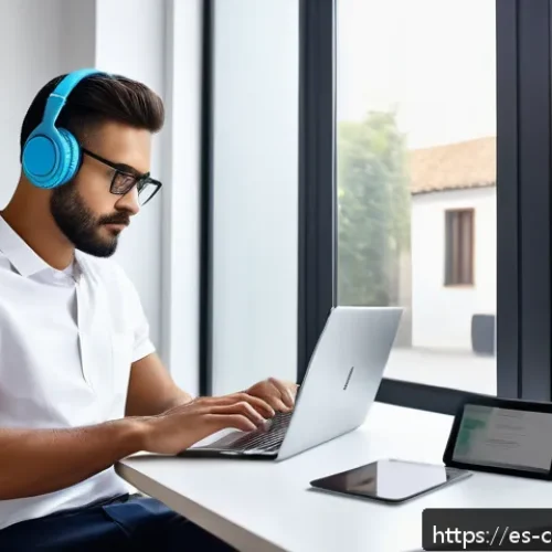 Home 30 효과적인 정보 큐레이션 도구 비교 - A modern home office scene featuring a young professional using multiple digital devices simultaneou...