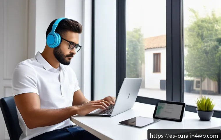 효과적인 정보 큐레이션 도구 비교 - A modern home office scene featuring a young professional using multiple digital devices simultaneou...